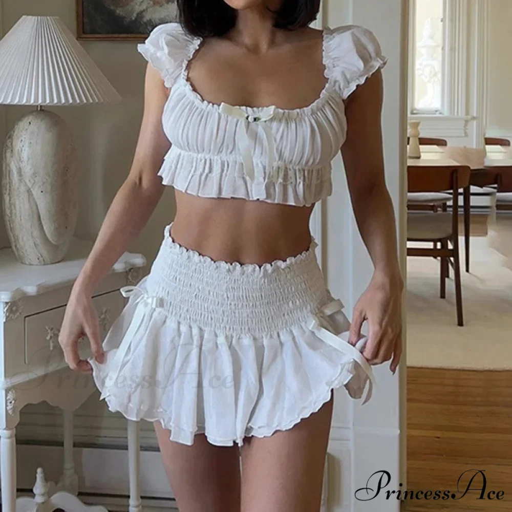 00s Cute Outfit Bow Trim Off Shoulder Crop Tops T-shirt + Ruffled Layered Mini Skirt Y2K Fairycore 2 Piece Set Women Clothes - Image 2