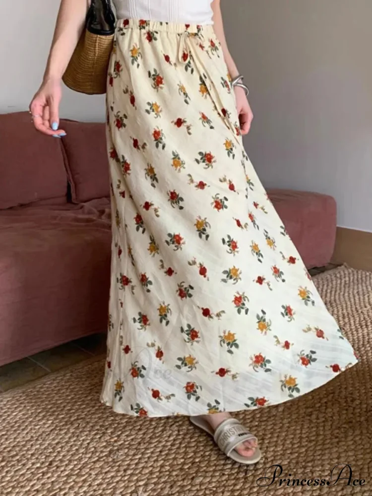 2024 Bohemian Maxi Skirt Tall Waist Flower Printed Hippie Rose Stylish