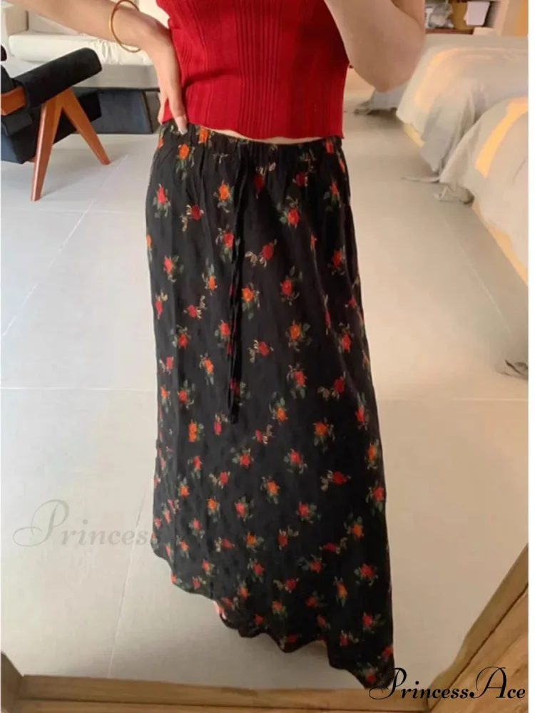 2024 Bohemian Maxi Skirt Tall Waist Flower Printed Hippie Rose Stylish - Image 3