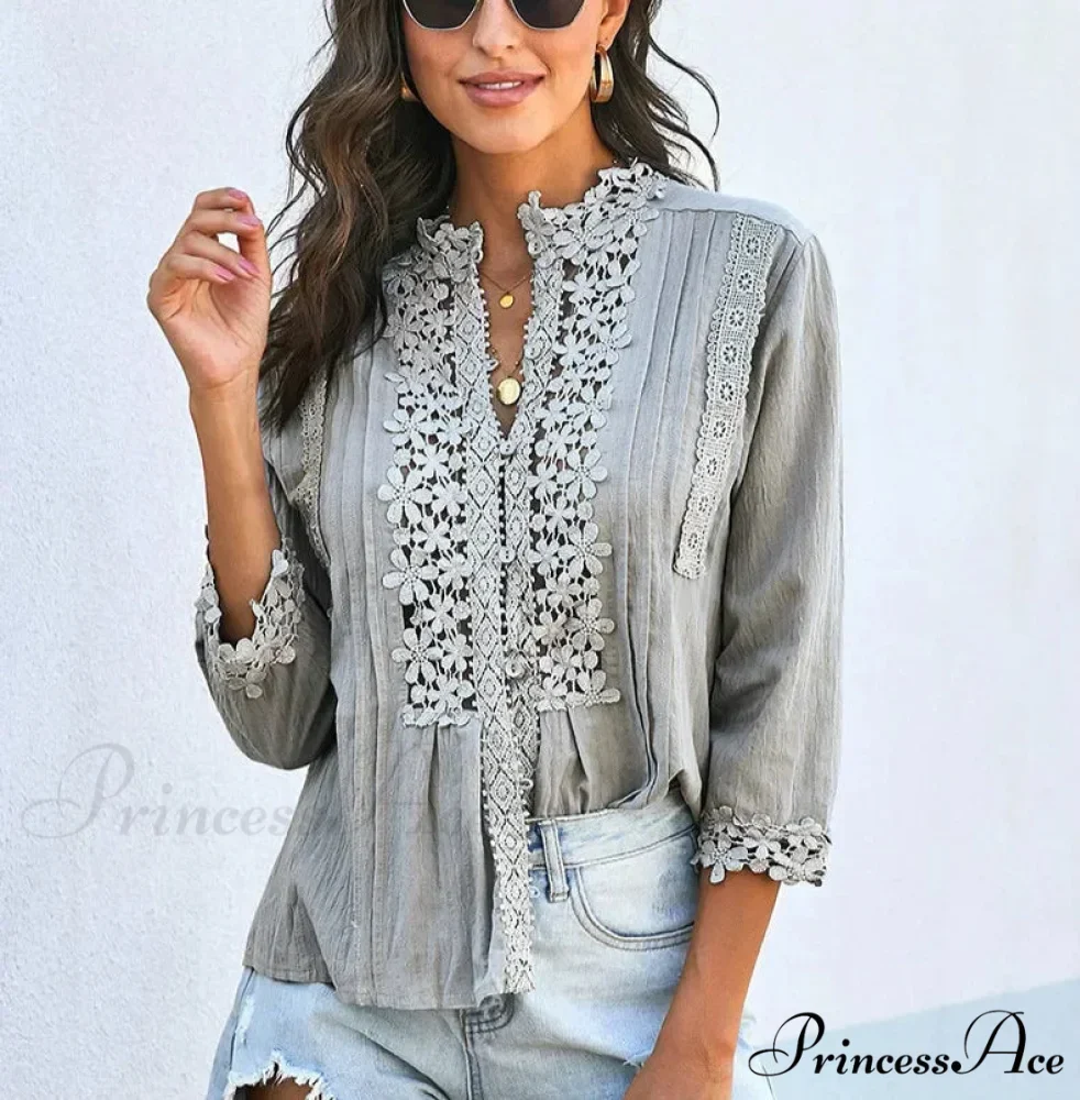 3/4 Sleeve Cotton Button V-Neck Retro Boho Top - Image 2
