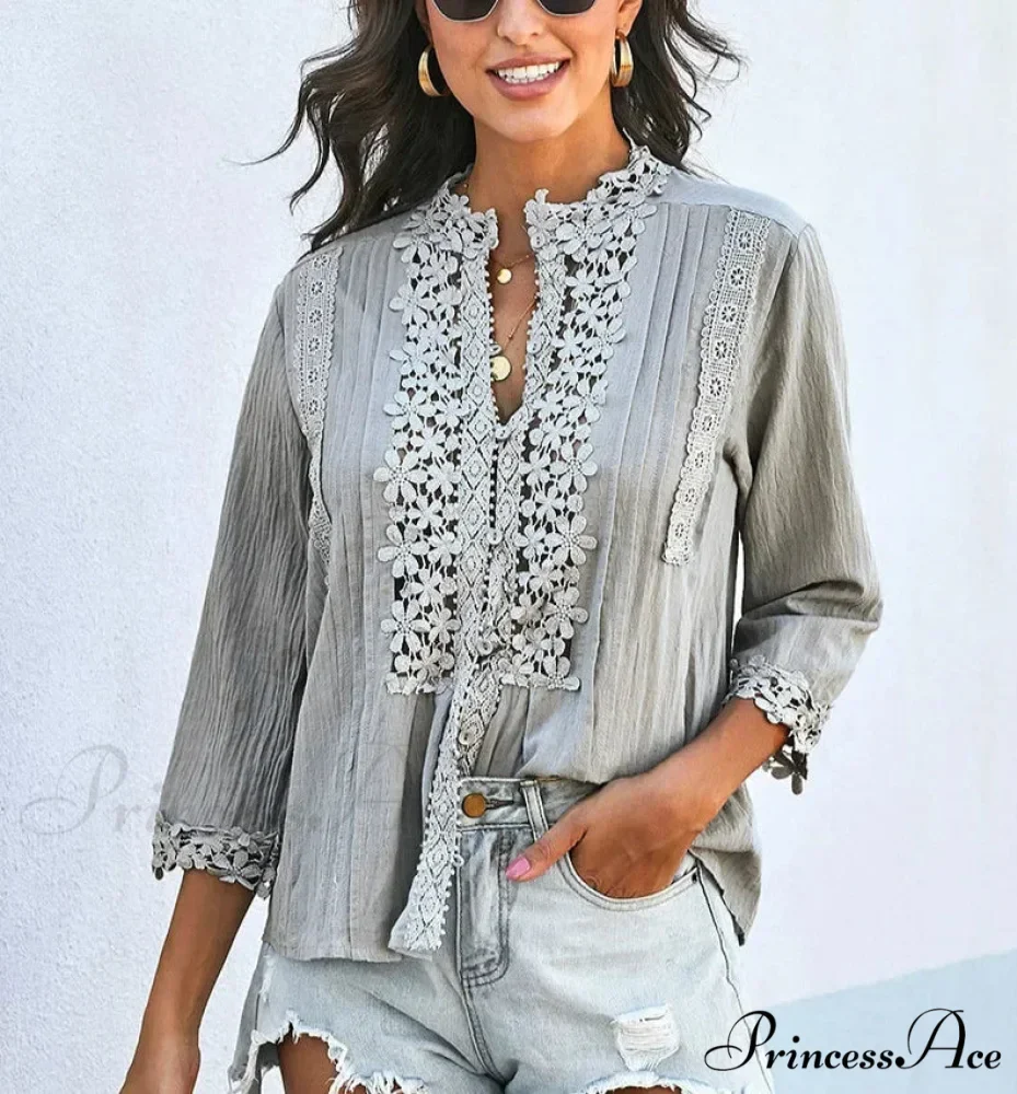 3/4 Sleeve Cotton Button V-Neck Retro Boho Top - Image 3