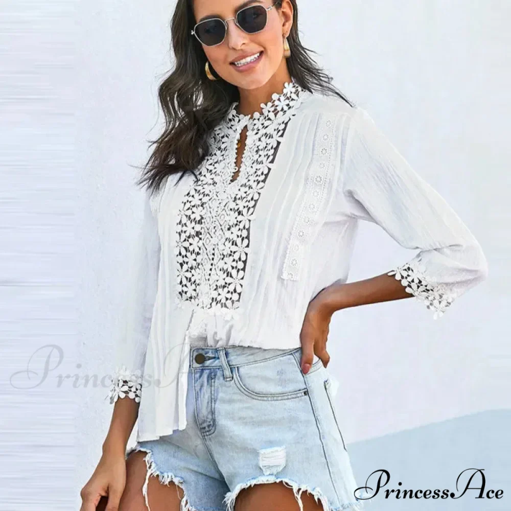 3/4 Sleeve Cotton Button V-Neck Retro Boho Top - Image 4