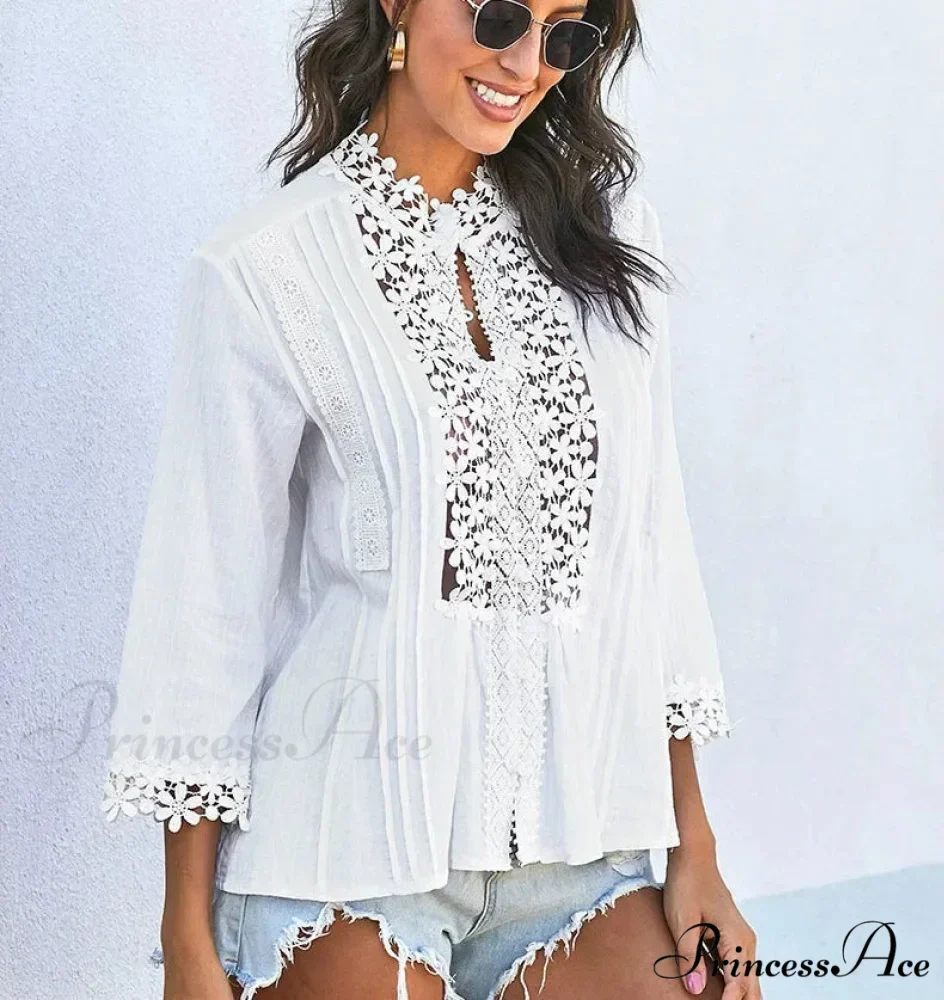 3/4 Sleeve Cotton Button V-Neck Retro Boho Top - Image 5