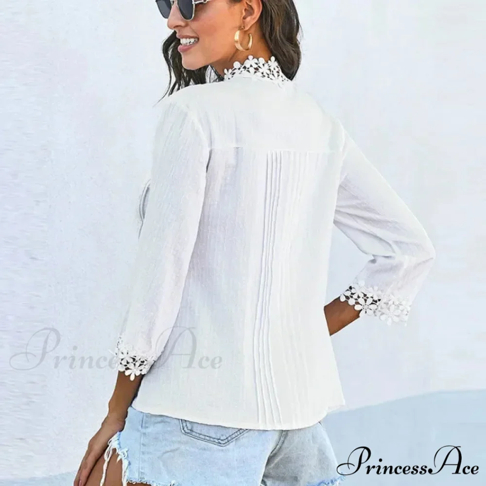 3/4 Sleeve Cotton Button V-Neck Retro Boho Top - Image 6