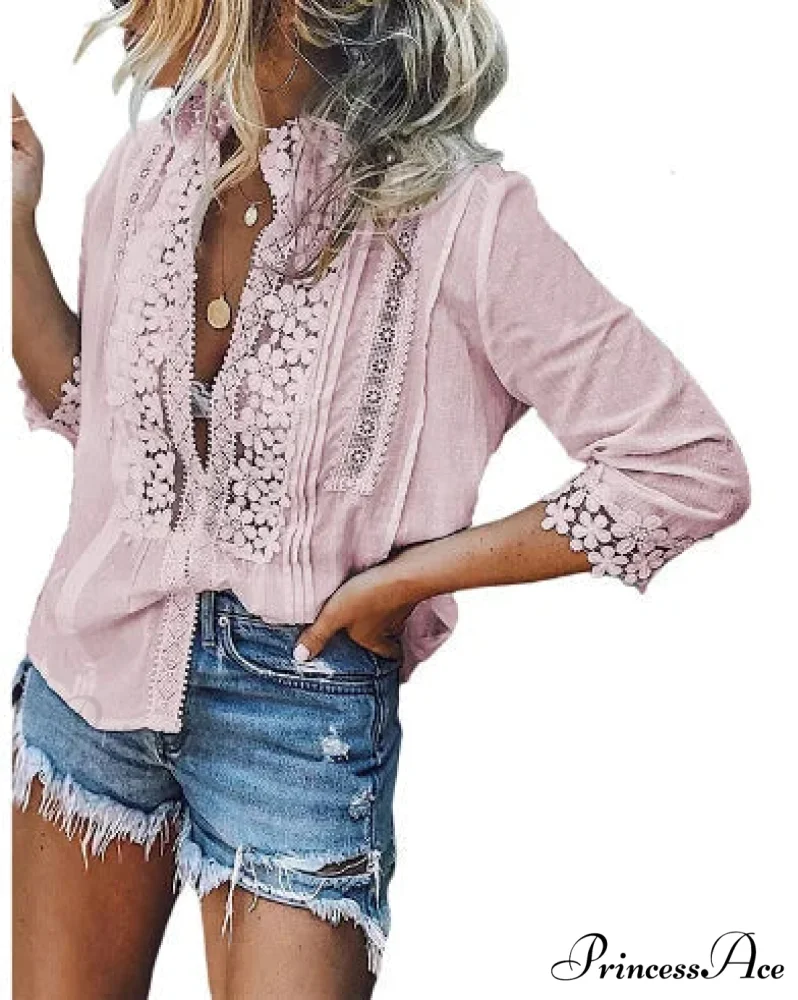 3/4 Sleeve Cotton Button V-Neck Retro Boho Top - Image 7