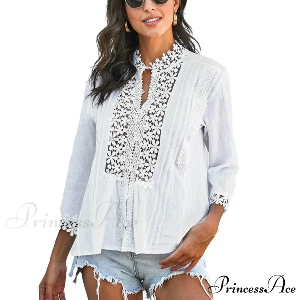 3/4 Sleeve Cotton Button V-Neck Retro Boho Top - Image 9