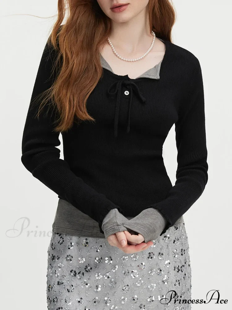 3.9% Wool U - Neck Lace - Up Slim Pullover - Image 2