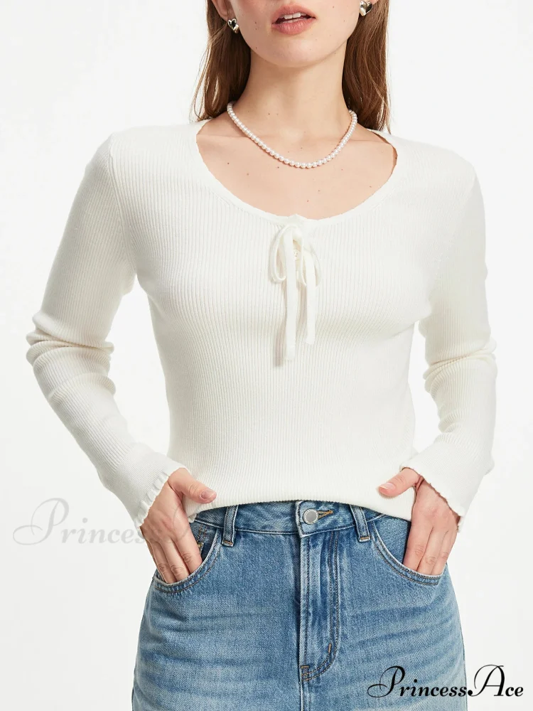 3.9% Wool U - Neck Lace - Up Slim Pullover - Image 5