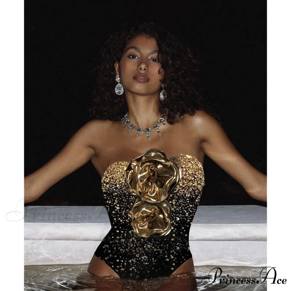 3D Blossom Golden One Piece Swimsuit - Image 2