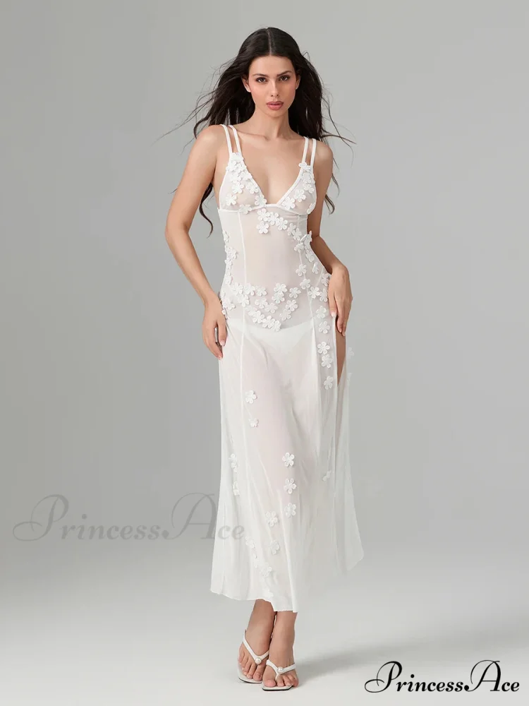3D Blossom Ornament Backless Low-Cut Slit Sheer Beach Floral Dress - Image 3
