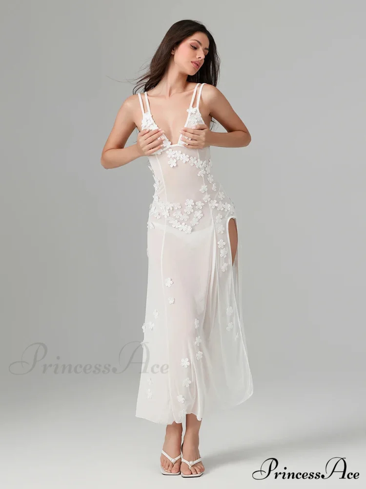 3D Blossom Ornament Backless Low-Cut Slit Sheer Beach Floral Dress - Image 4