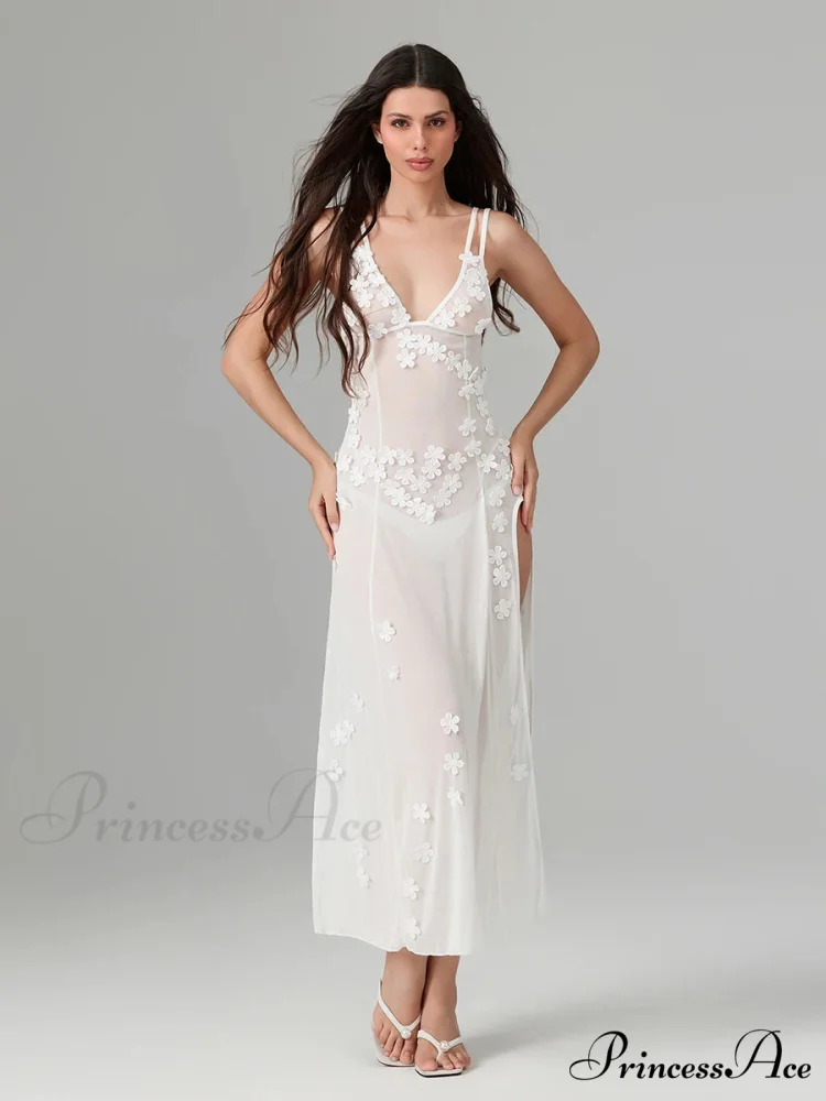 3D Blossom Ornament Backless Low-Cut Slit Sheer Beach Floral Dress - Image 6
