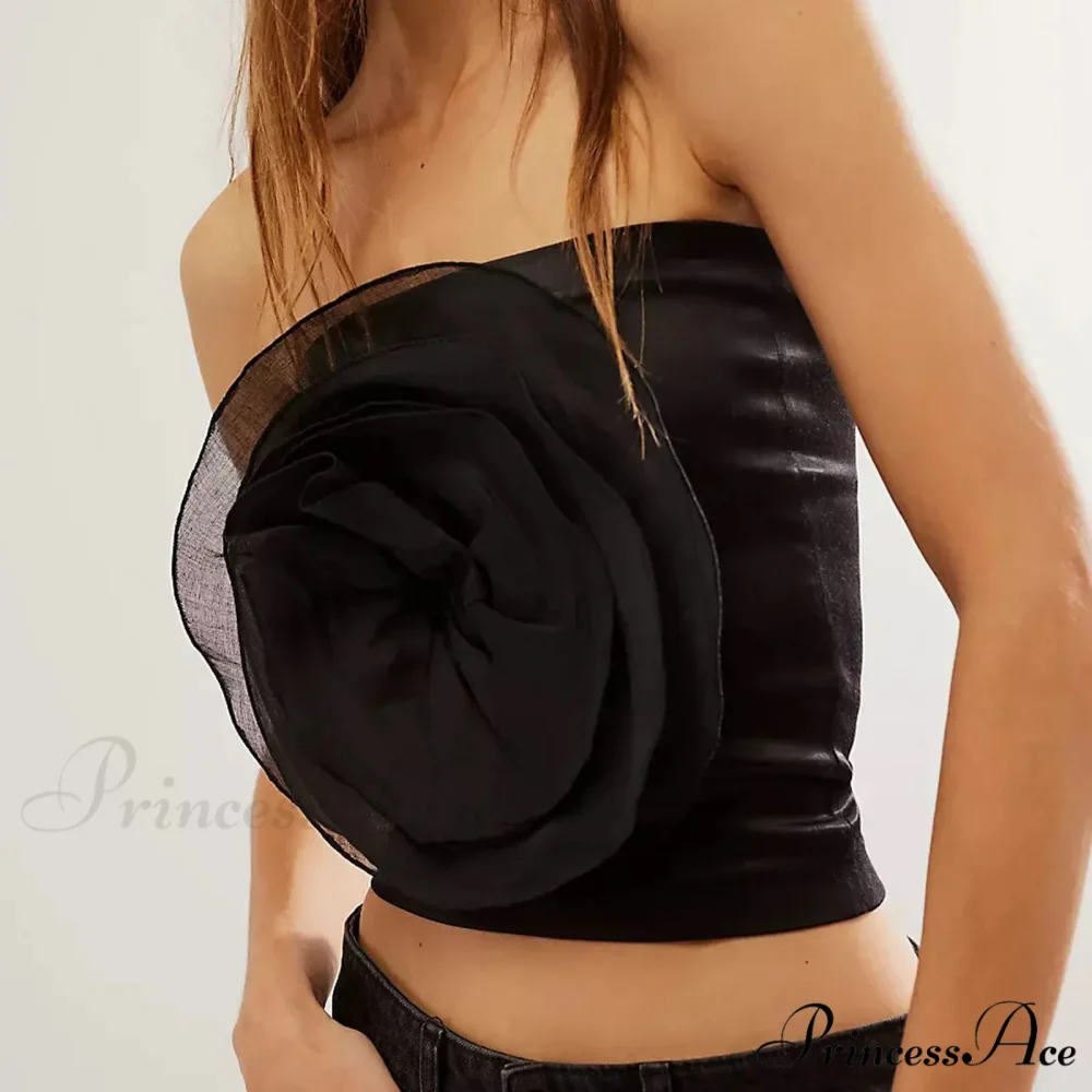 3D Blossom Strapless Mesh Bandeau Crop Top Summer Streetwear - Image 3