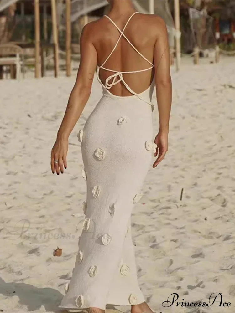 3D Blossom V-neck Open-Back Lace-Up Maxi Floral Gown - Image 6