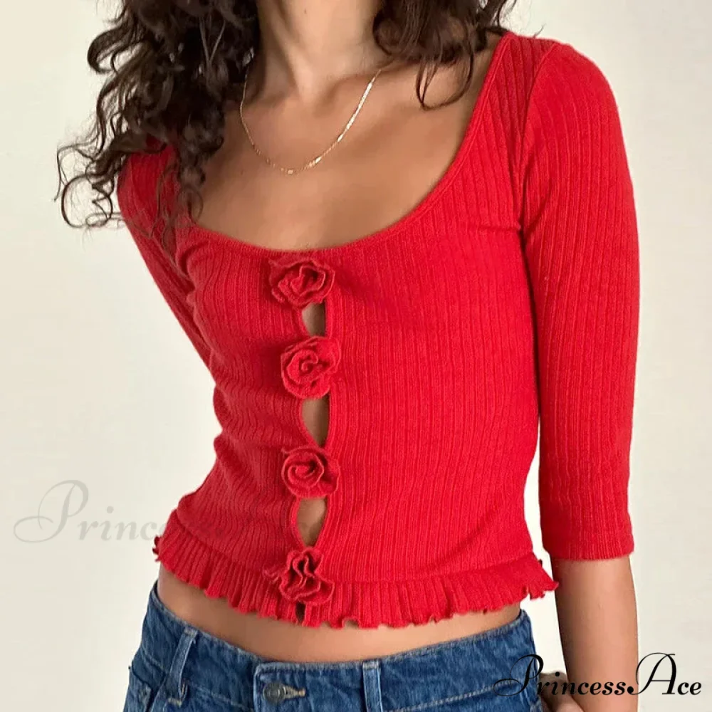 3D Rosette Front Hollow Out Retro Half Sleeve Sophisticated Woman Slim Fit Y2K Crop Top - Image 2