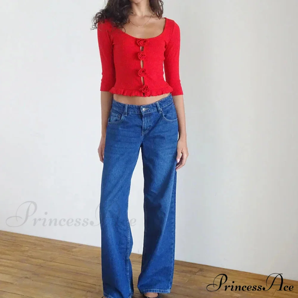 3D Rosette Front Hollow Out Retro Half Sleeve Sophisticated Woman Slim Fit Y2K Crop Top - Image 3