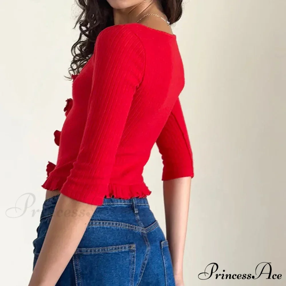 3D Rosette Front Hollow Out Retro Half Sleeve Sophisticated Woman Slim Fit Y2K Crop Top - Image 4