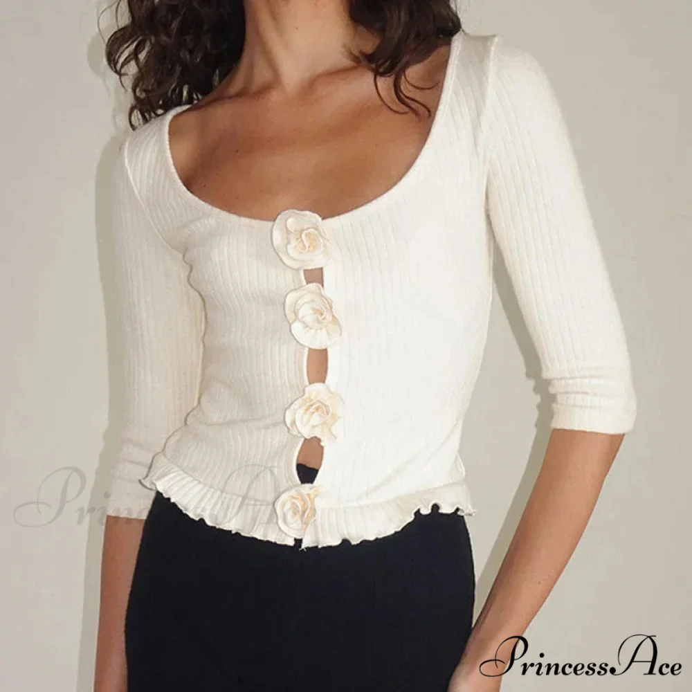3D Rosette Front Hollow Out Retro Half Sleeve Sophisticated Woman Slim Fit Y2K Crop Top - Image 5