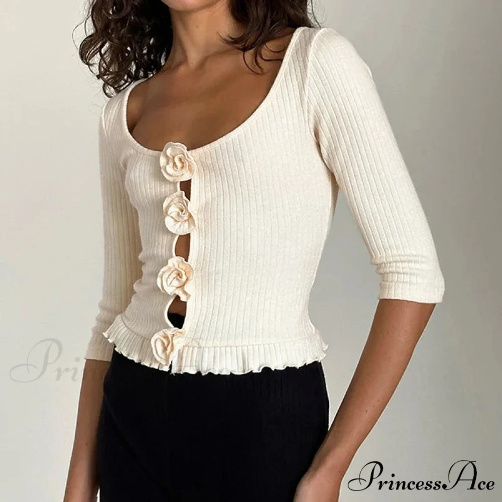 3D Rosette Front Hollow Out Retro Half Sleeve Sophisticated Woman Slim Fit Y2K Crop Top - Image 6