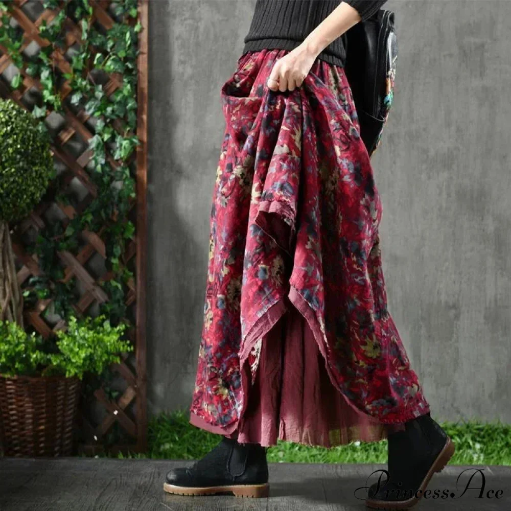 A-Line Folded Fall Floral Long Skirt with Pockets - Image 2