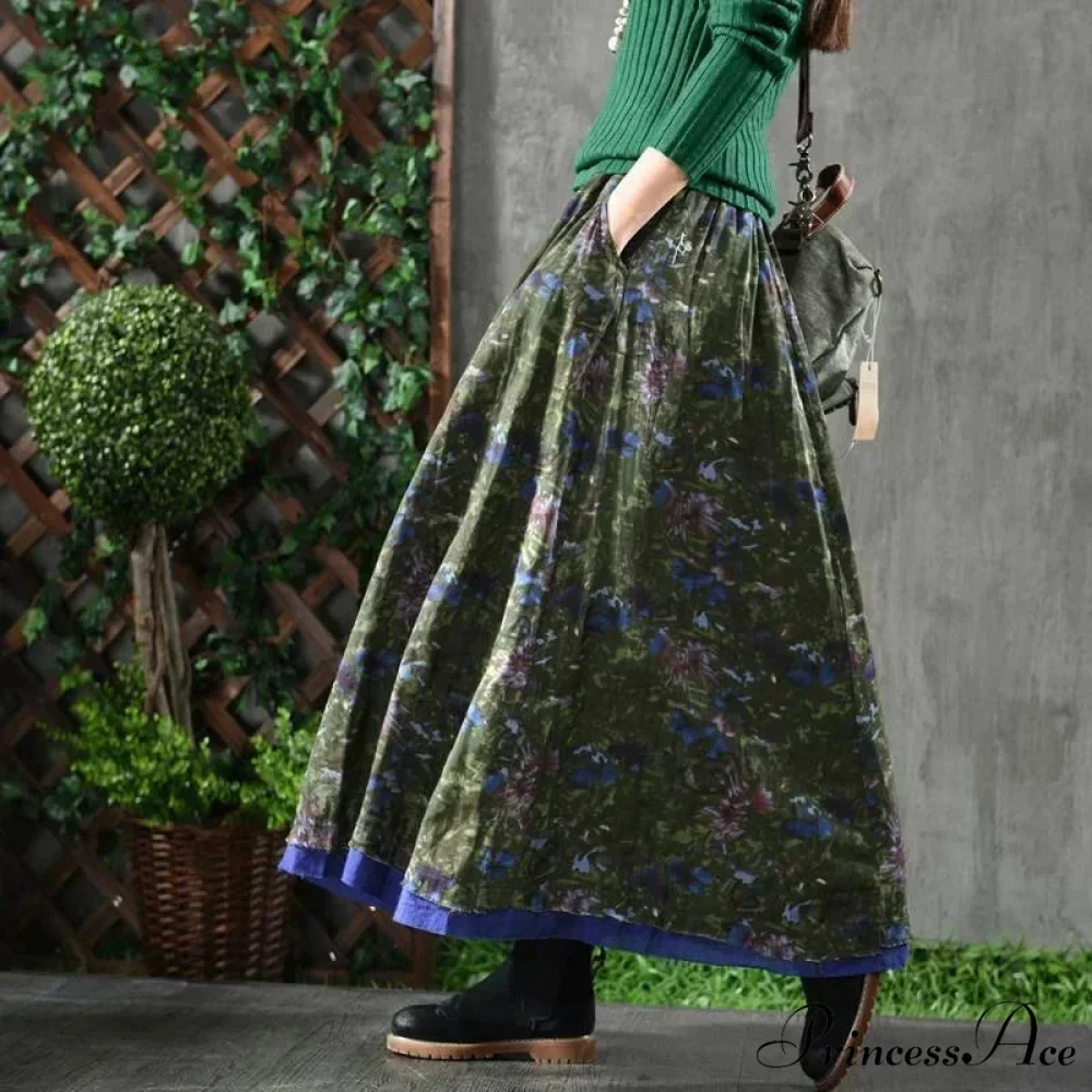 A-Line Folded Fall Floral Long Skirt with Pockets - Image 3