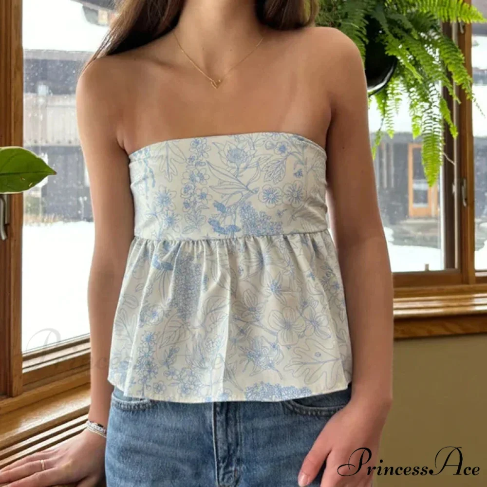 Adorable Summer Floral Strapless Bandeau 00s Backless Tie Up Bodydoll Y2K Crop Top - Image 2