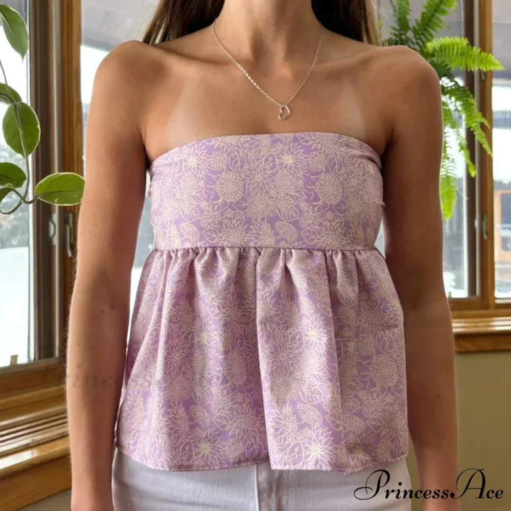 Adorable Summer Floral Strapless Bandeau 00s Backless Tie Up Bodydoll Y2K Crop Top - Image 4