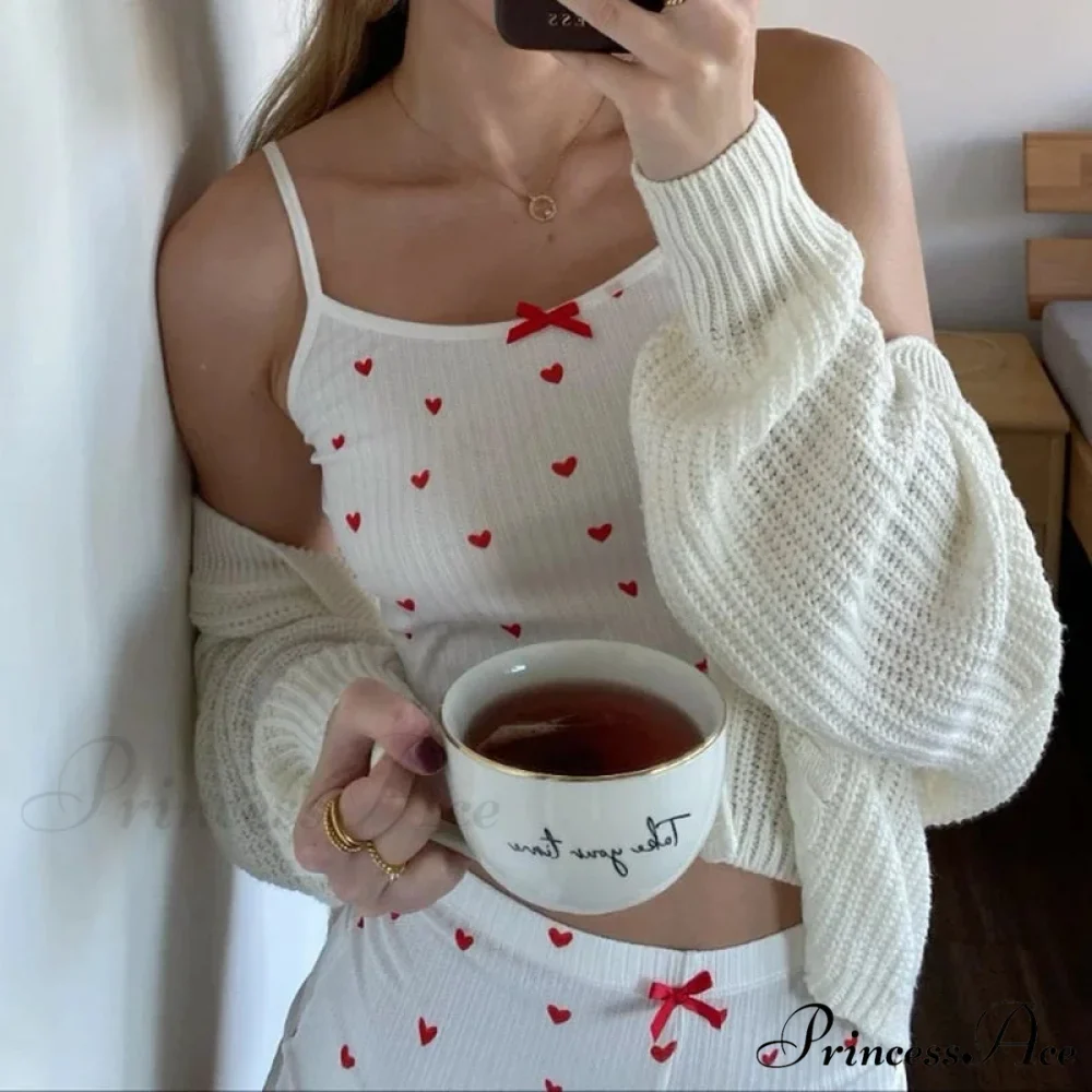 Affection Print Bow Trim Spaghetti Strap Camis Flexible Shorts Two Pieces Set - Image 3