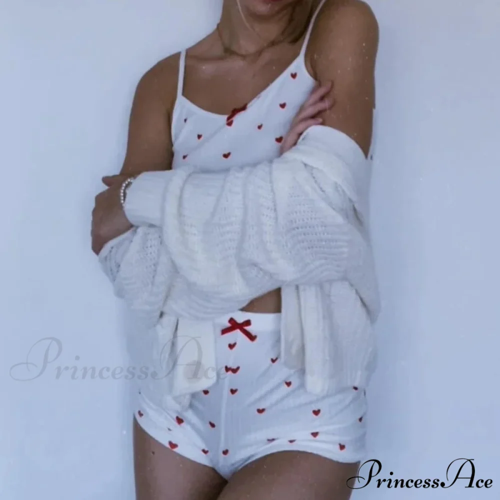 Affection Print Bow Trim Spaghetti Strap Camis Flexible Shorts Two Pieces Set - Image 4