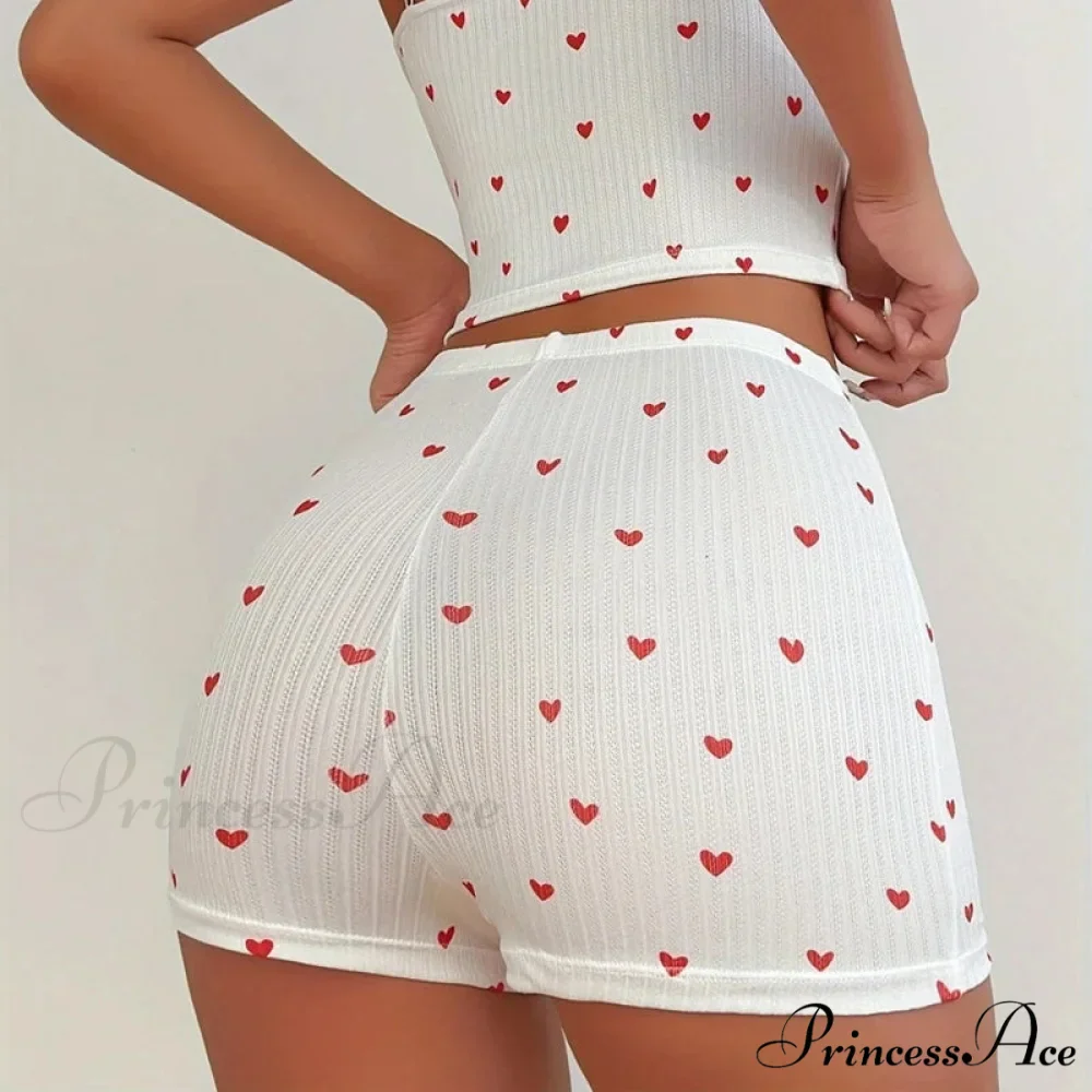 Affection Print Bow Trim Spaghetti Strap Camis Flexible Shorts Two Pieces Set - Image 5