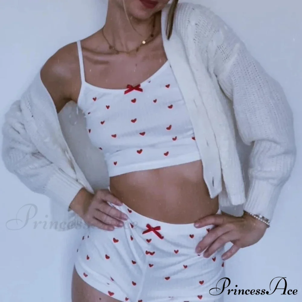 Affection Print Bow Trim Spaghetti Strap Camis Flexible Shorts Two Pieces Set - Image 6