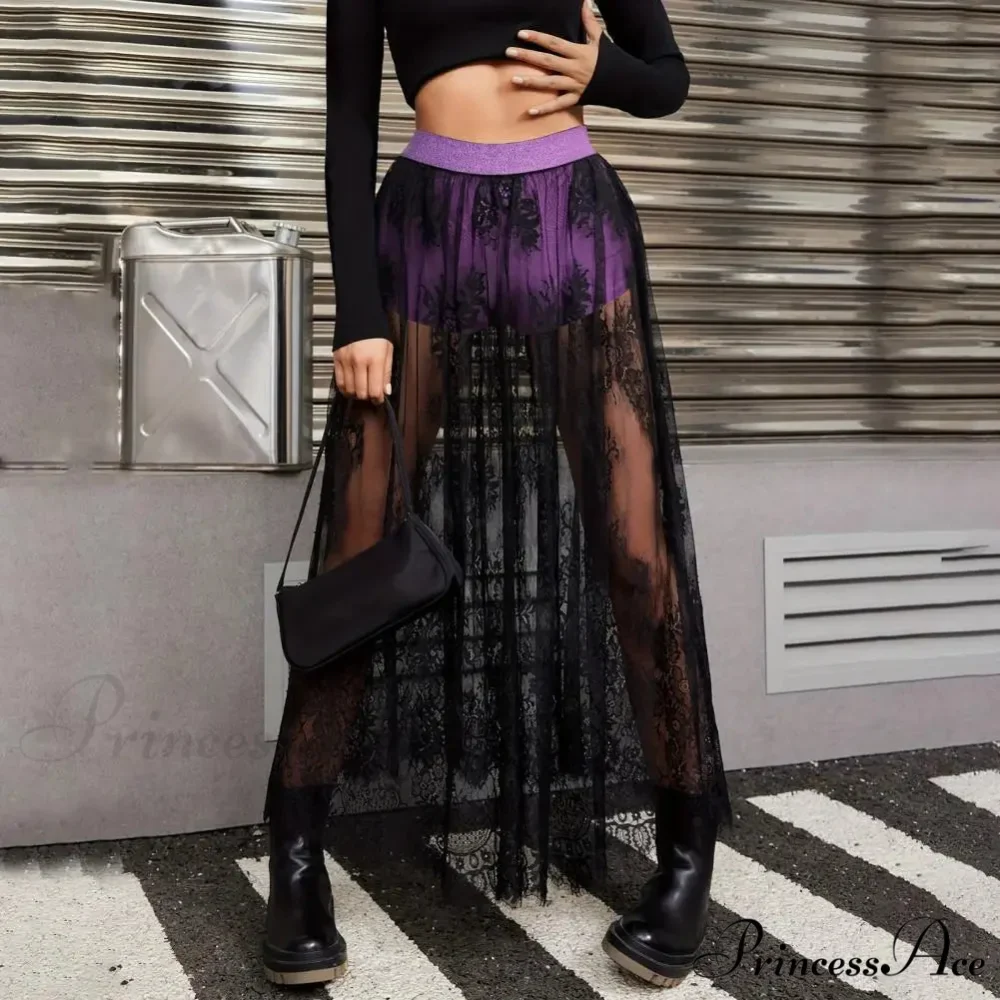 Airy Checkered Mesh Maxi Skirt Gloomy Design Embroidery - Image 2