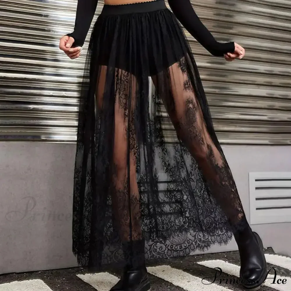 Airy Checkered Mesh Maxi Skirt Gloomy Design Embroidery - Image 3