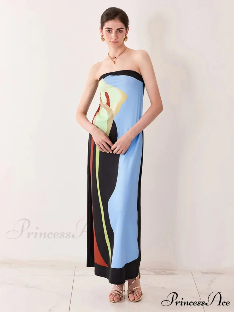 Antique Abstract Flower Strapless Open-Back Loose Tube Top Flower Dress