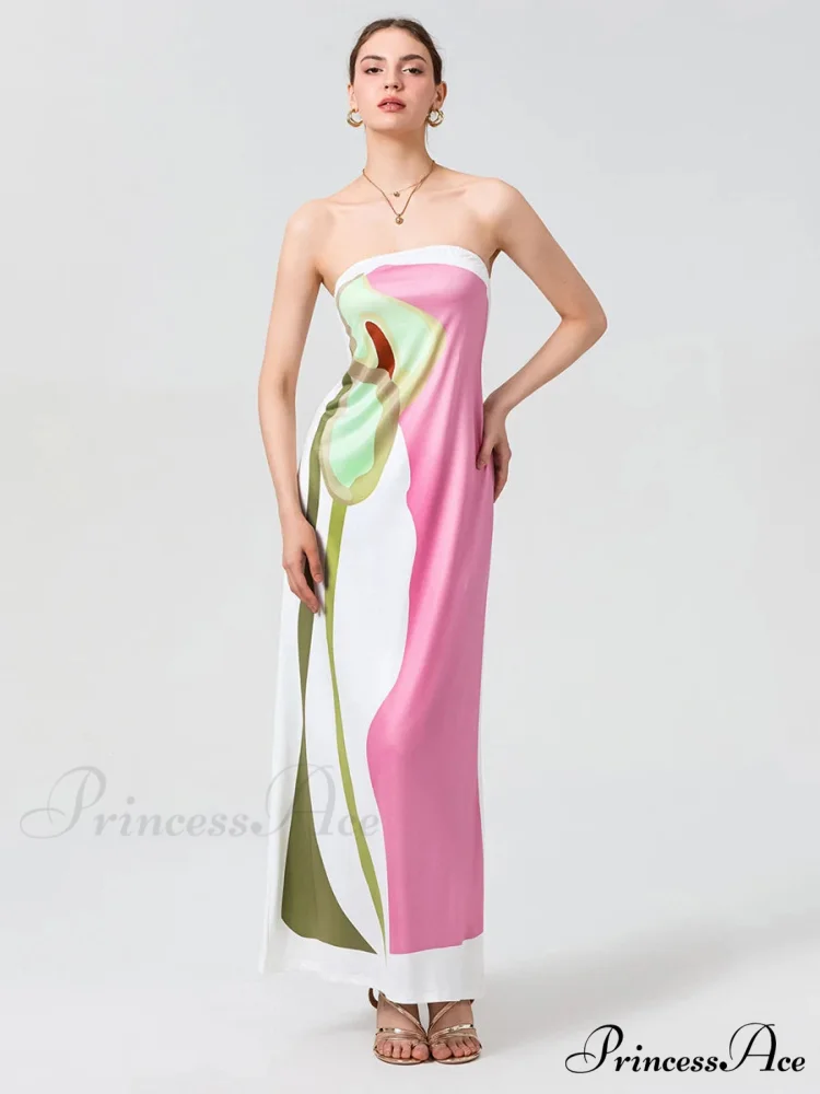 Antique Abstract Flower Strapless Open-Back Loose Tube Top Flower Dress - Image 10