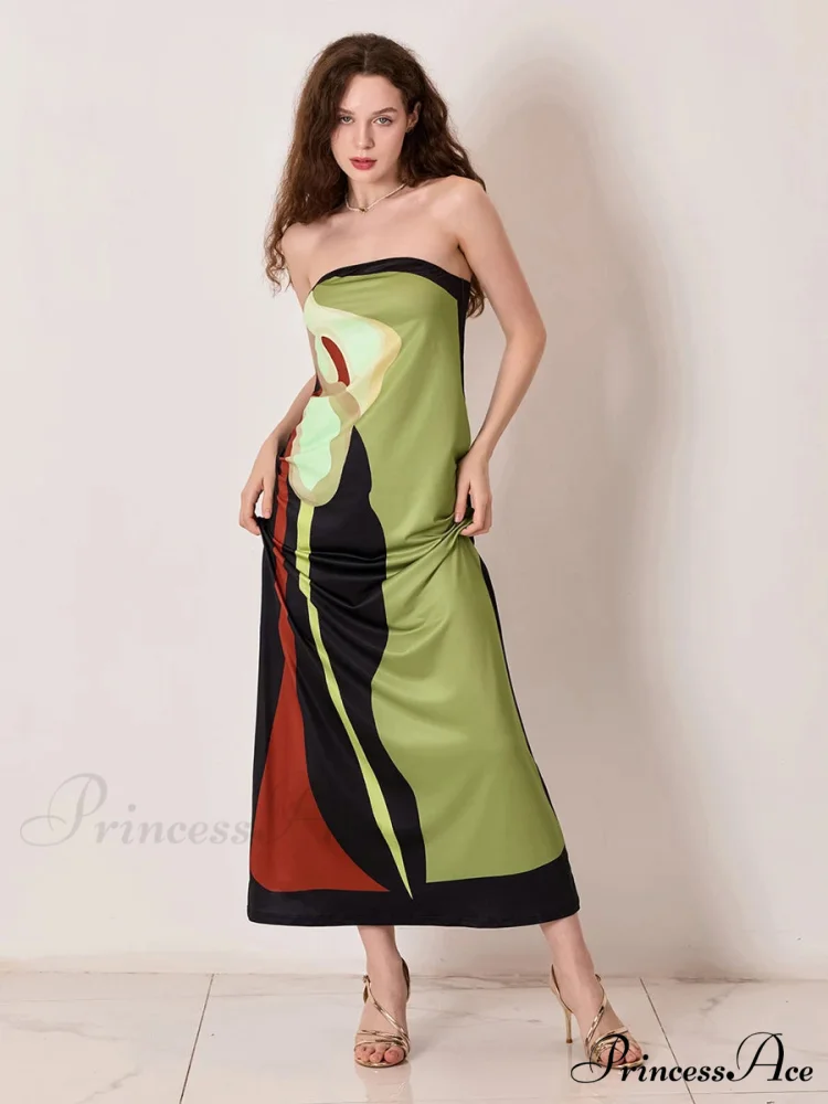 Antique Abstract Flower Strapless Open-Back Loose Tube Top Flower Dress - Image 2