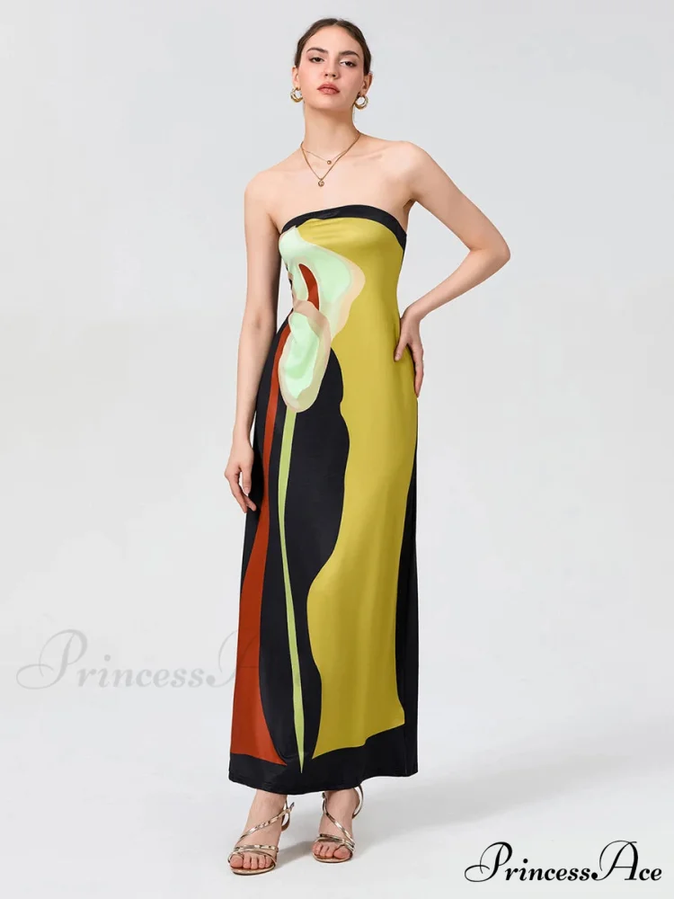 Antique Abstract Flower Strapless Open-Back Loose Tube Top Flower Dress - Image 3