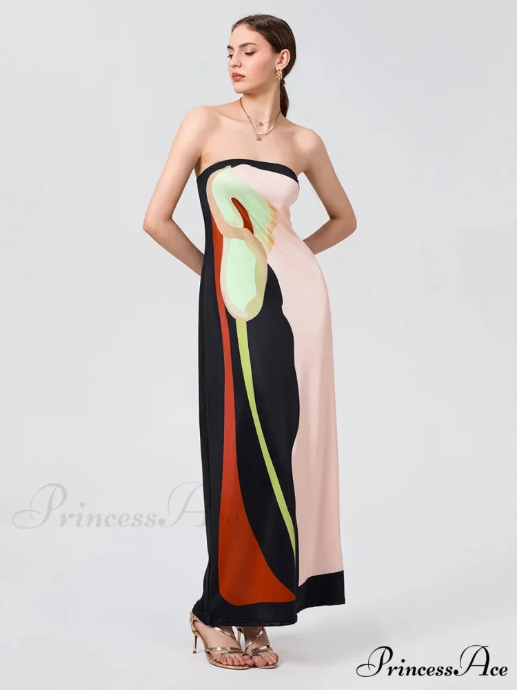 Antique Abstract Flower Strapless Open-Back Loose Tube Top Flower Dress - Image 4