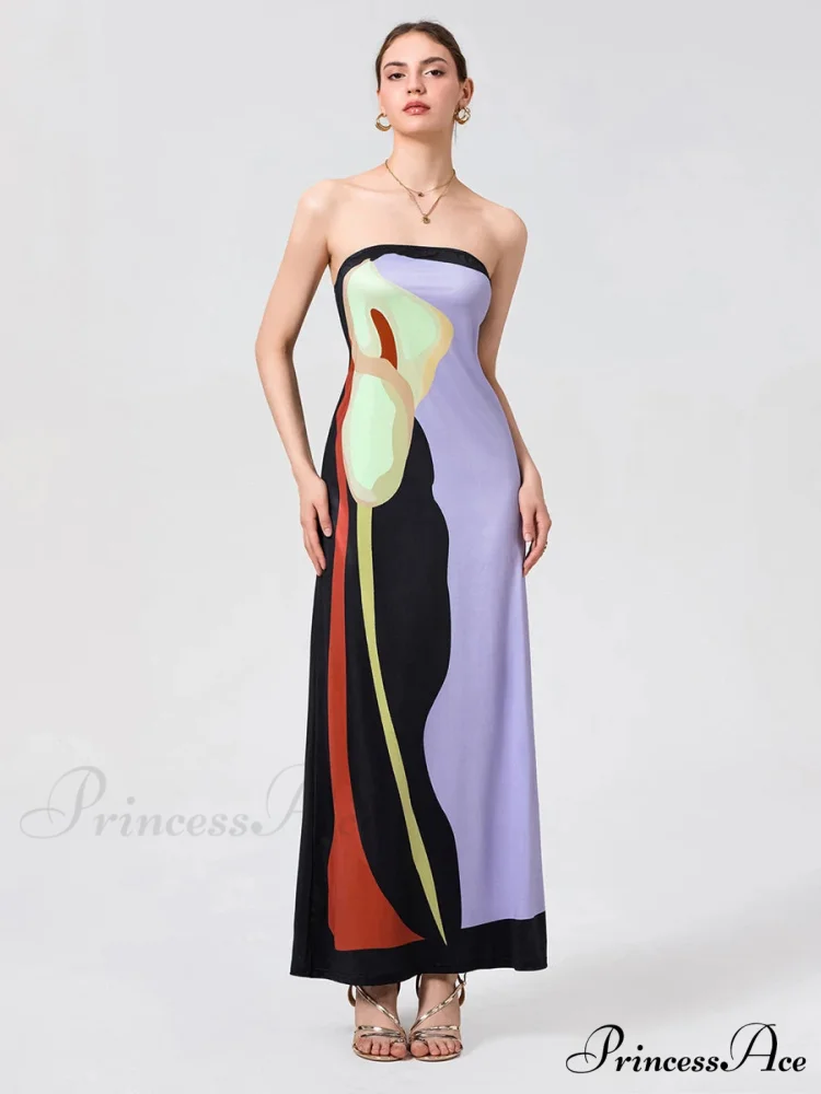 Antique Abstract Flower Strapless Open-Back Loose Tube Top Flower Dress - Image 6