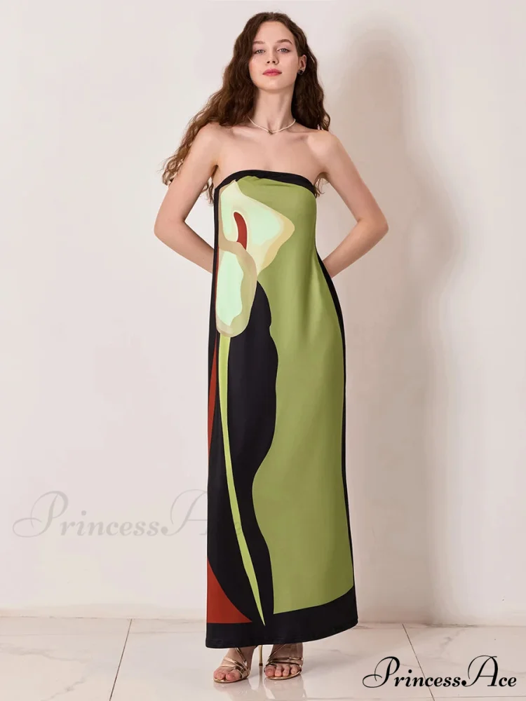 Antique Abstract Flower Strapless Open-Back Loose Tube Top Flower Dress - Image 7