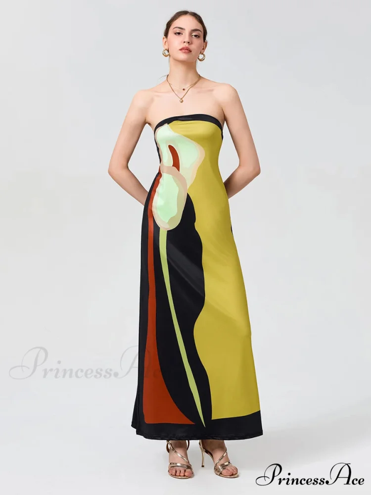 Antique Abstract Flower Strapless Open-Back Loose Tube Top Flower Dress - Image 8