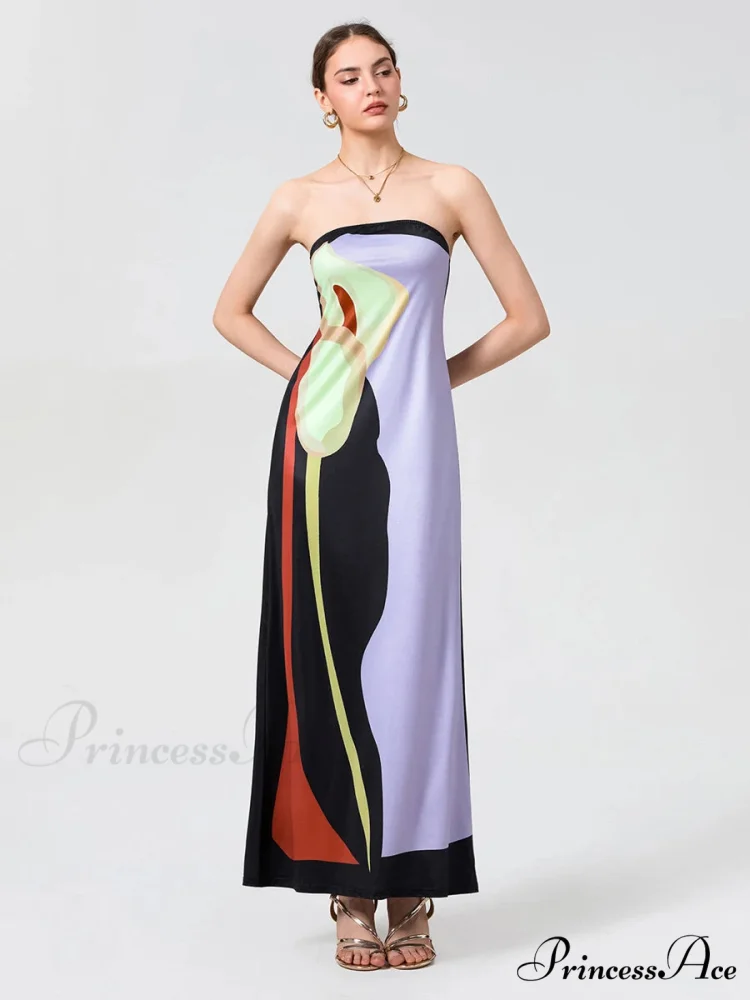 Antique Abstract Flower Strapless Open-Back Loose Tube Top Flower Dress - Image 9