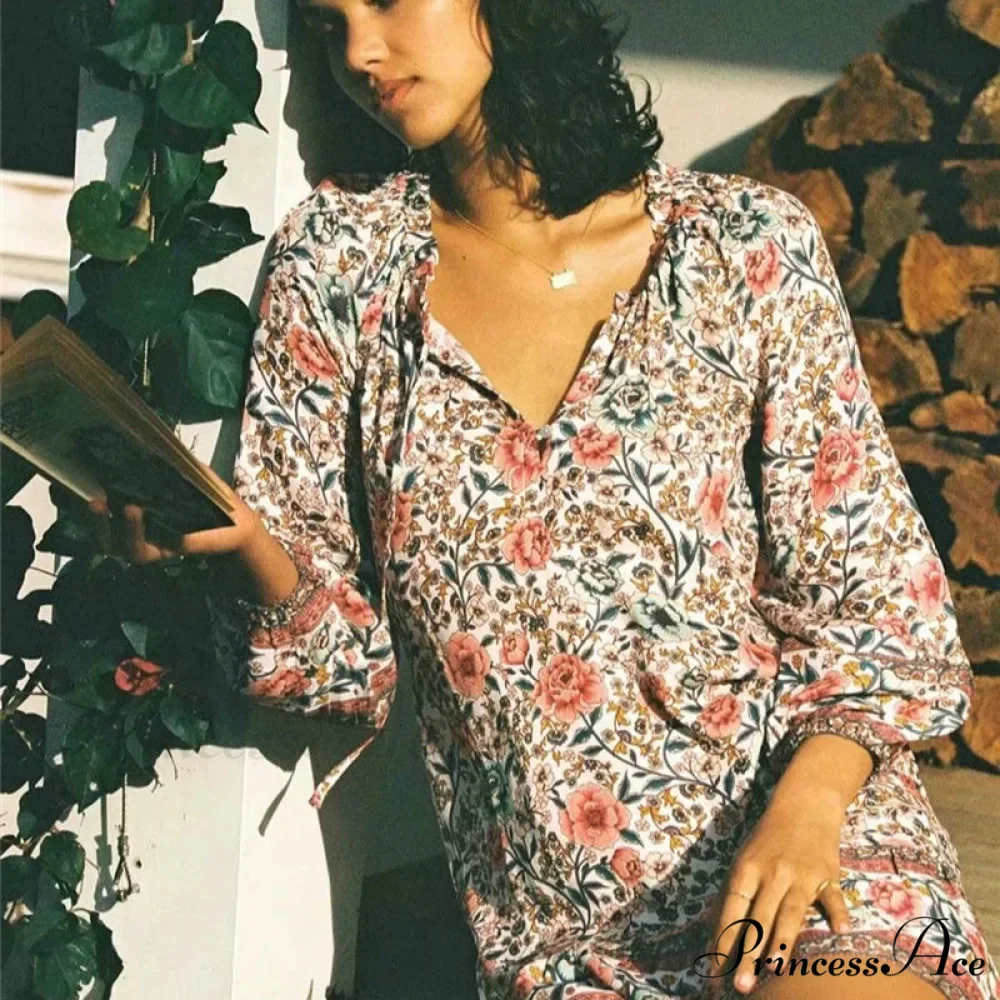 Antique Flower Pattern Extended Sleeve Frills Fringe Rayon Mini Bohemian Dress - Image 2