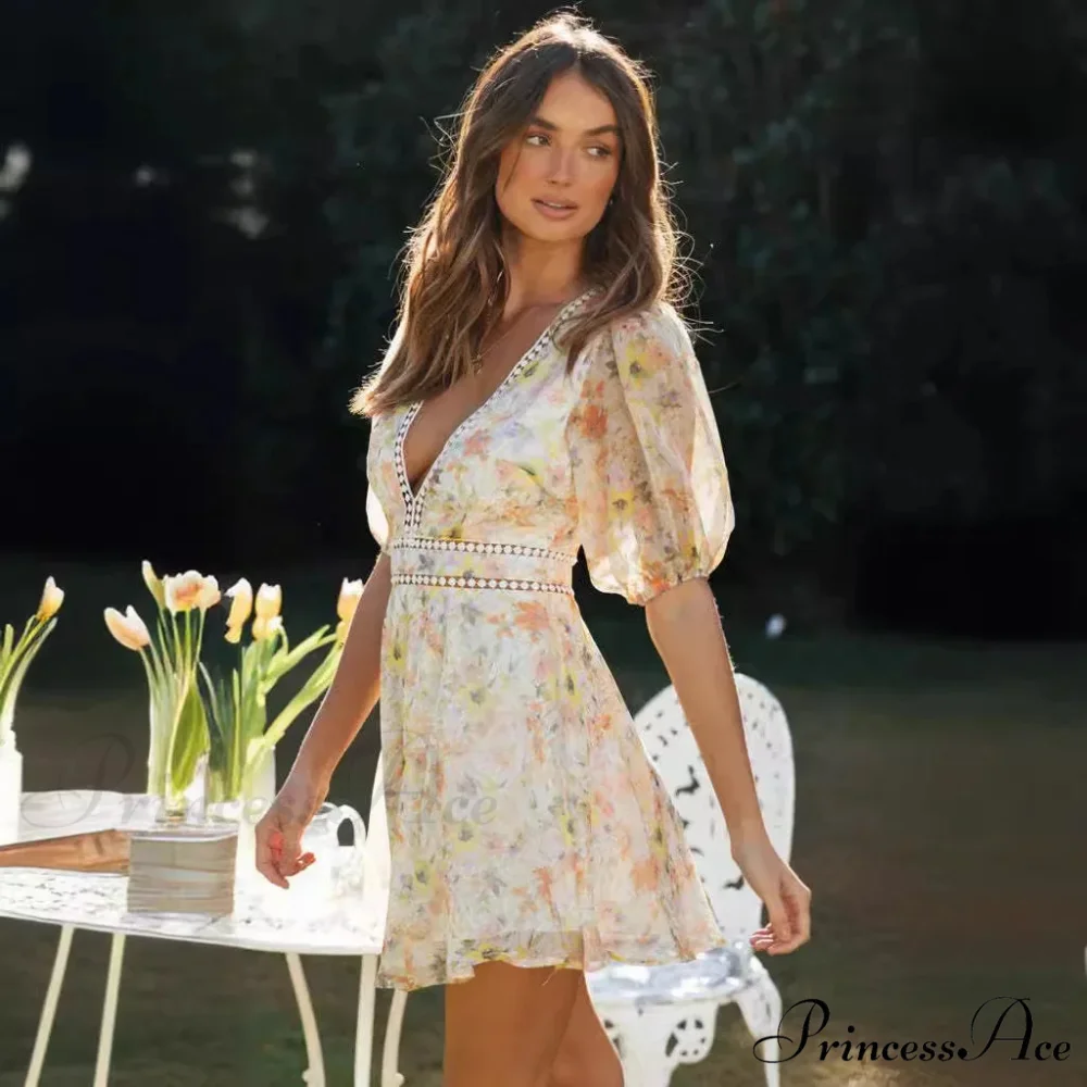 Antique Flower Pattern Long Sleeve Cutout Seductive V-neck Mini Boho Dress - Image 2