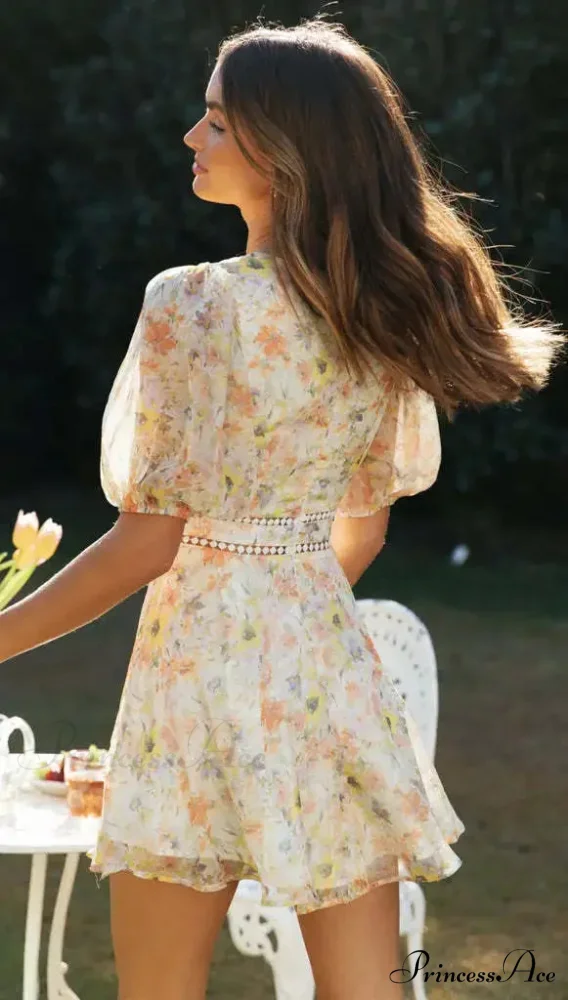 Antique Flower Pattern Long Sleeve Cutout Seductive V-neck Mini Boho Dress - Image 3
