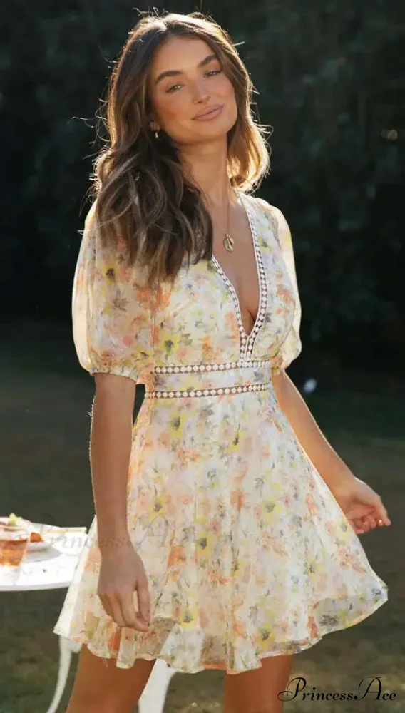 Antique Flower Pattern Long Sleeve Cutout Seductive V-neck Mini Boho Dress - Image 4