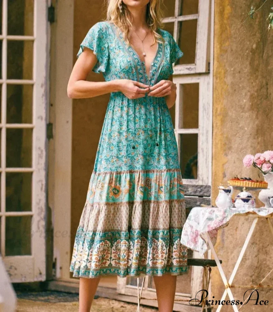 Antique Flower Pattern Sashes Crisscross Neckline Long Bohemian Dress - Image 2