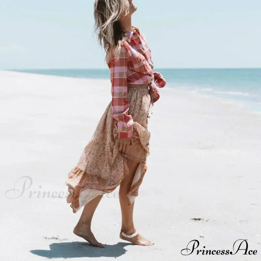 Antique Flower Peacock Printed High Rise Beach Boho Skirt - Image 2
