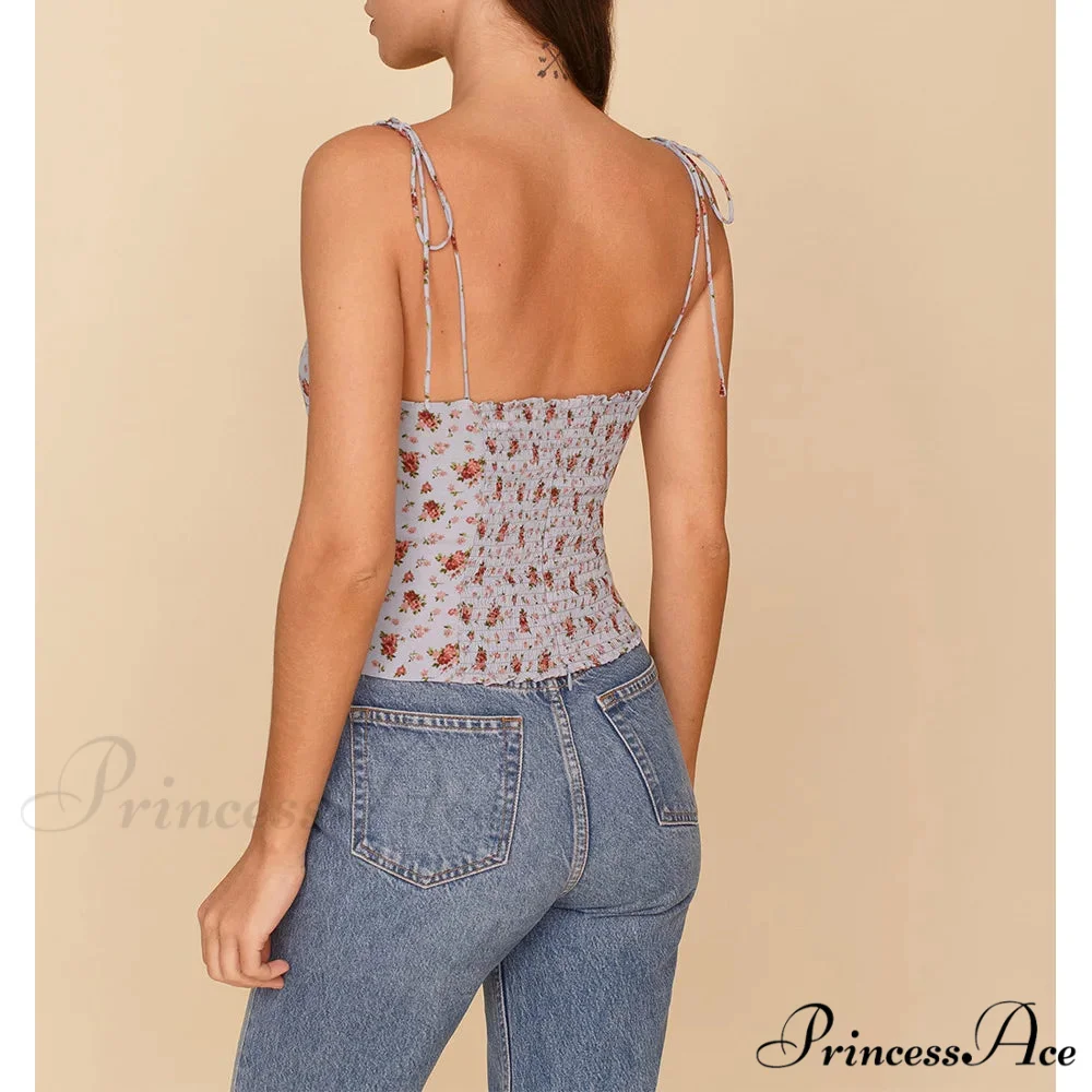 Antique Flower Smocked Bind Strap Slim Fitted Crop Cami Top - Image 2