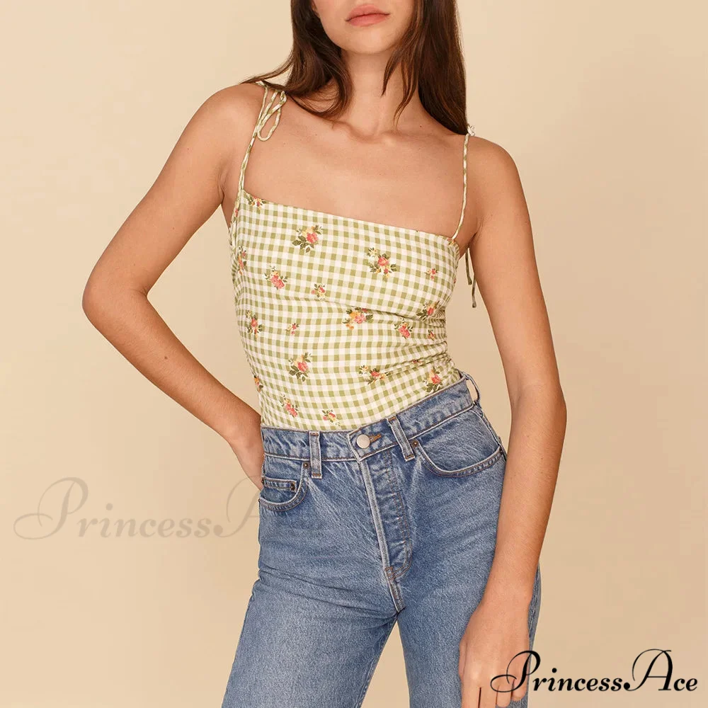 Antique Flower Smocked Bind Strap Slim Fitted Crop Cami Top - Image 6